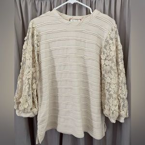 Anthropologie Eri + Ali Ivory Textured sweatshirt Top with Lace sleeves